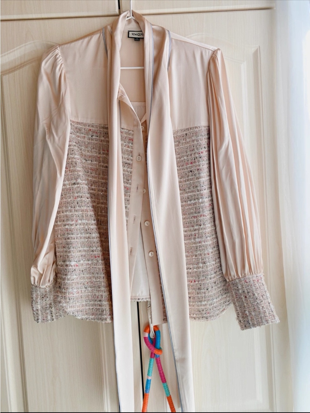 Pale Blush Tweed-Panel Blouse with Neck Tie